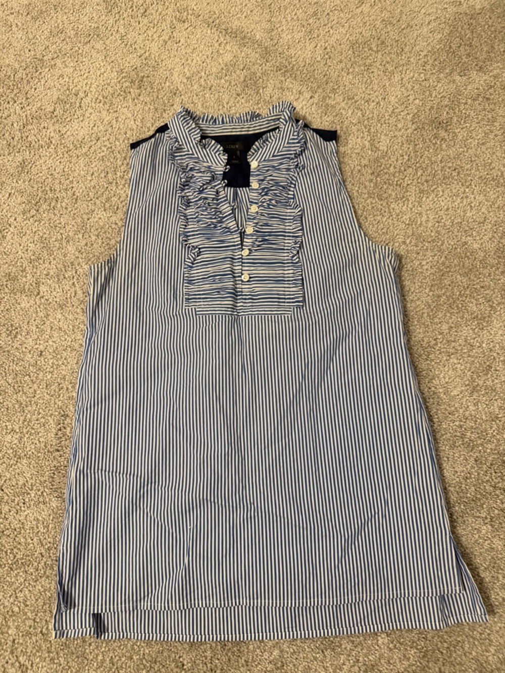J. Crew Blue and White Striped Ruffle Front Sleeveless Tank